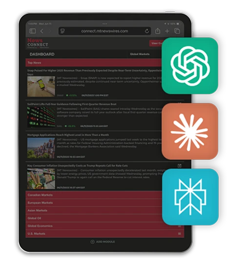 MT Newswires on tablet with AI integrations